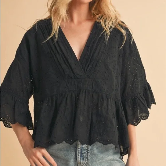 Black Ruffled Wrap Blouse with 3/4 Sleeves - Picture 1 of 9